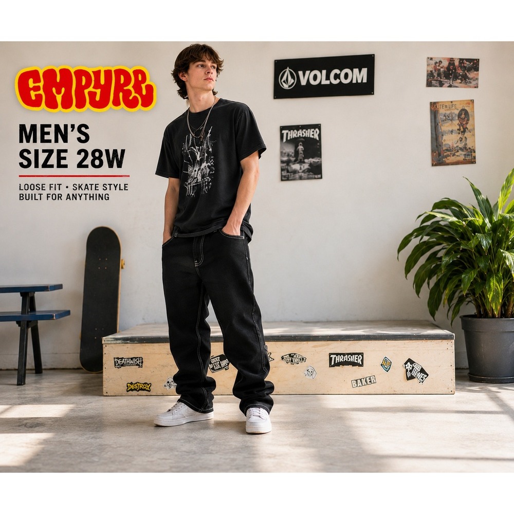 Empyre Black Y2K Skate Baggy Jeans Mens 28 Loose Fit White Contrast Stitch #1804